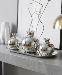 ZEYVE SILVER CERAMIC 3-PIECE POMEGRANATE SET TRAY 23x10x9cm